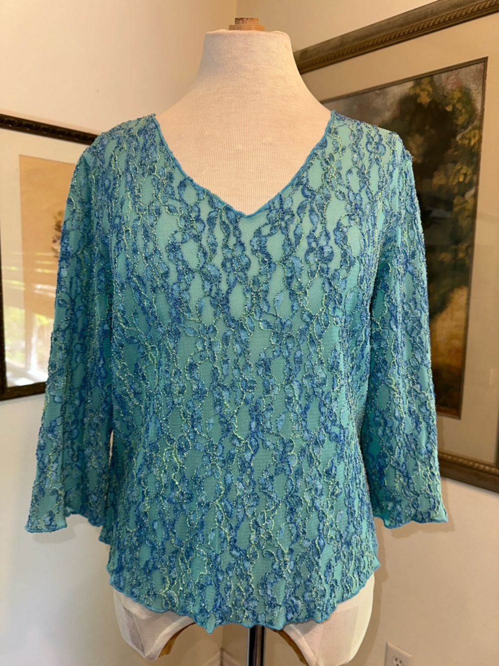 Surrealist Women’s V-Neck Lace Top in Teal Blue Size Large